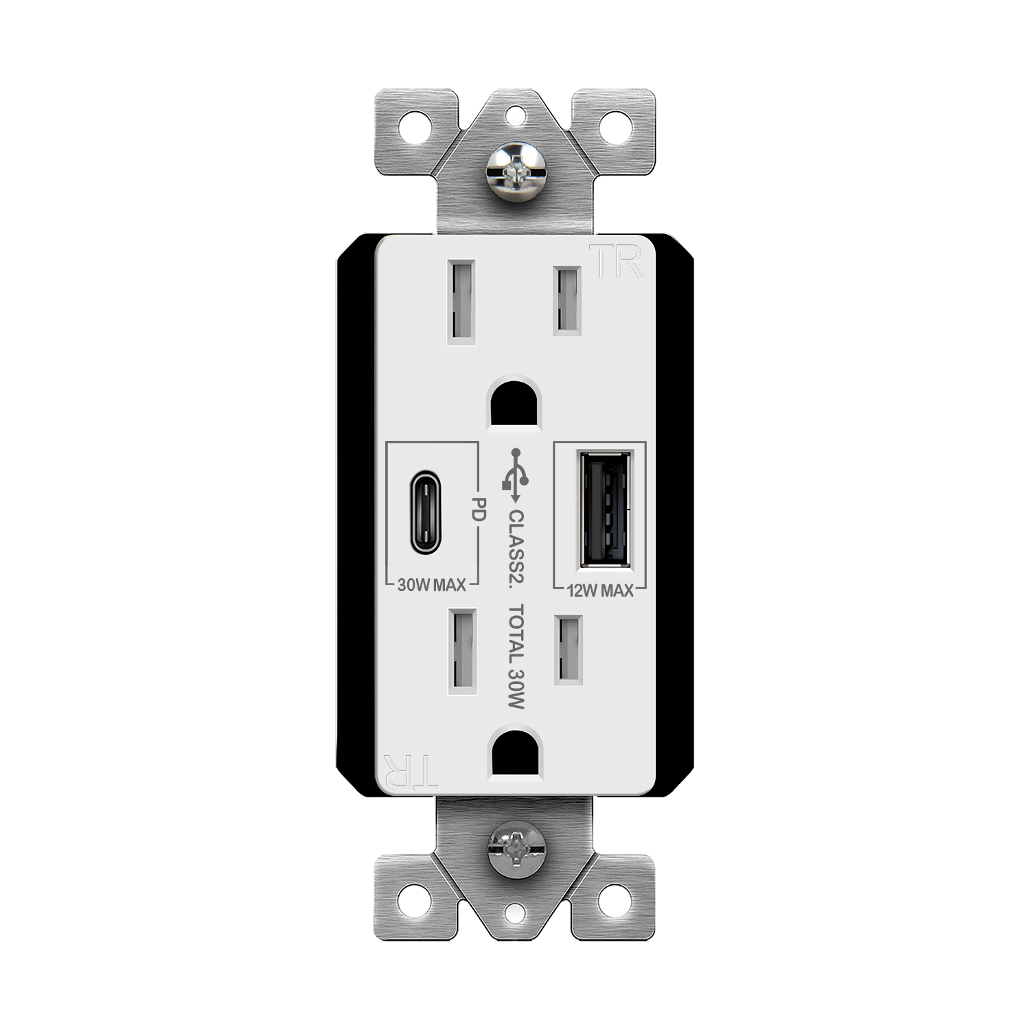 USB Outlet, USB-C and USB-A, 30W Power Delivery, Tamper-Resistant 15A Duplex Receptacles - White