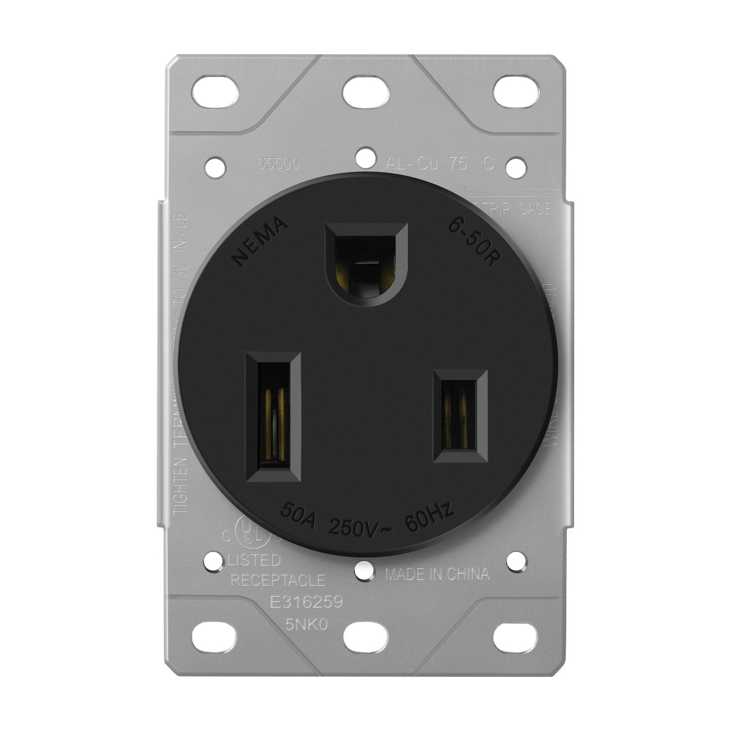 50 Amp, 250V, 2-Pole, 3-Wire, NEMA 6-50R - Black