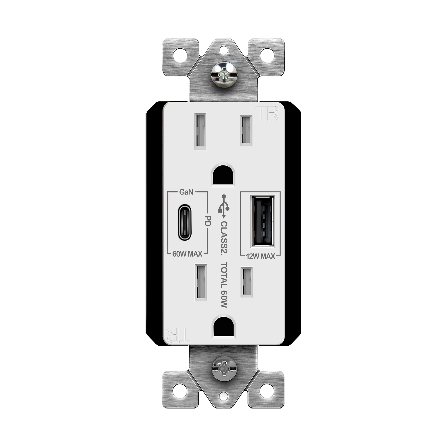 USB Outlet, USB-C and USB-A, 60W Power Delivery, Tamper-Resistant 15A Duplex Receptacles - White