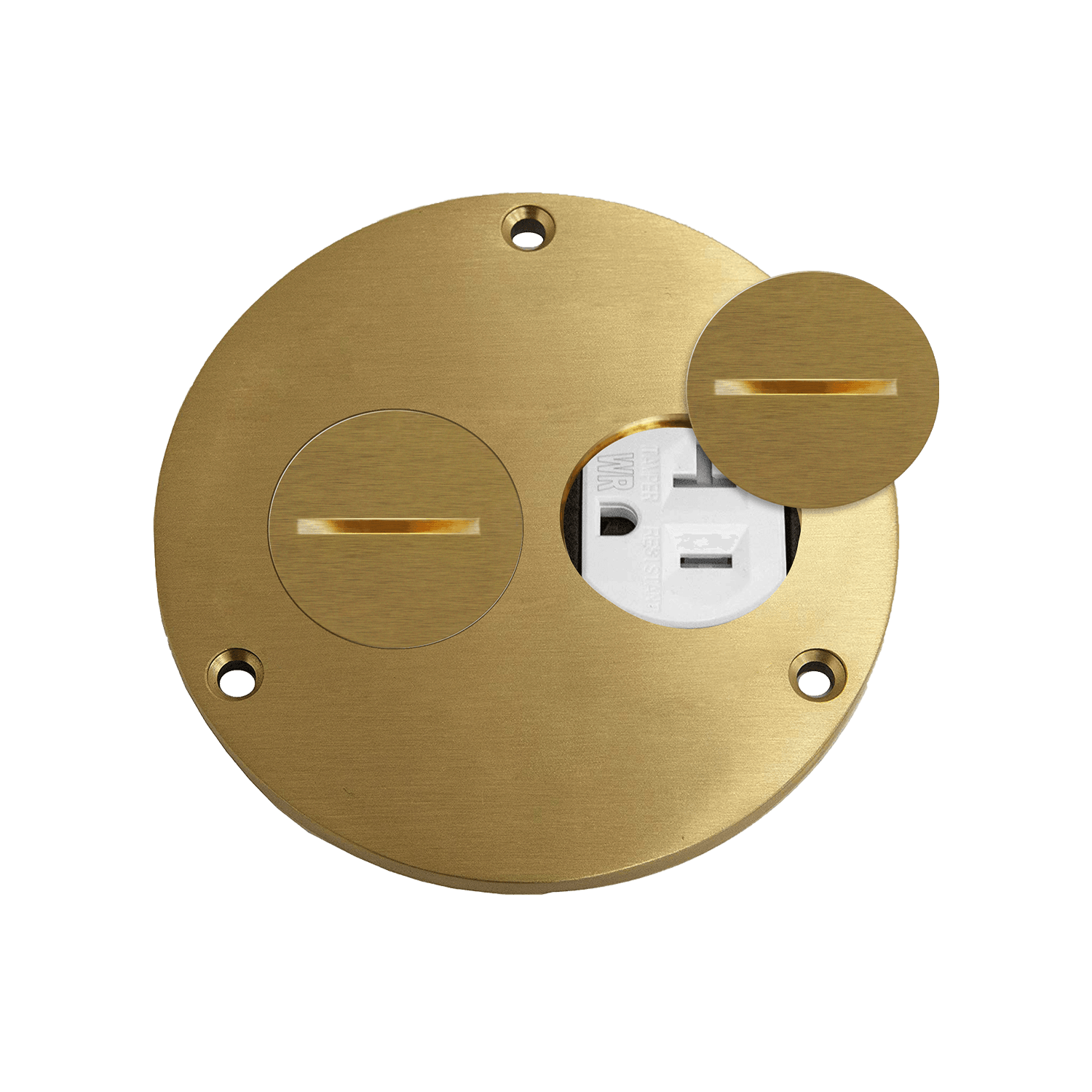 4” Dia. Flush Round Cover Plate with 20A Duplex Tamper & Weather Resistant Receptacle - Brass view 2
