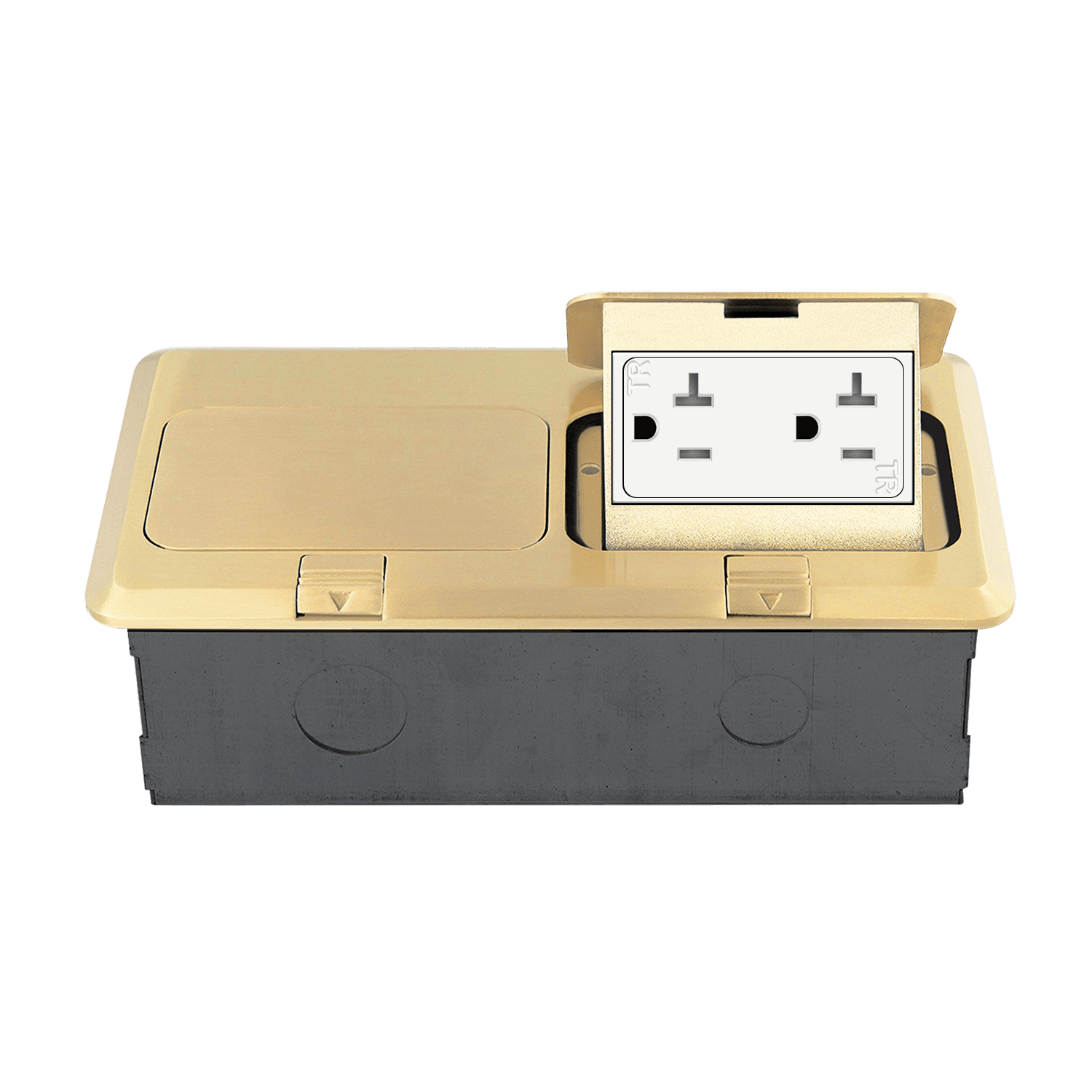 Two-Gang Pop-Up Floor Box Kit with 20A Decorator Duplex Tamper & Weather Resistant Receptacle - Brass