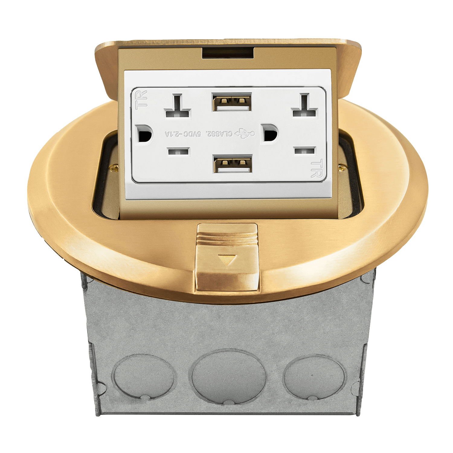 Round Pop-Up Floor Box Kit with 2.1A USB Charger - Brass
