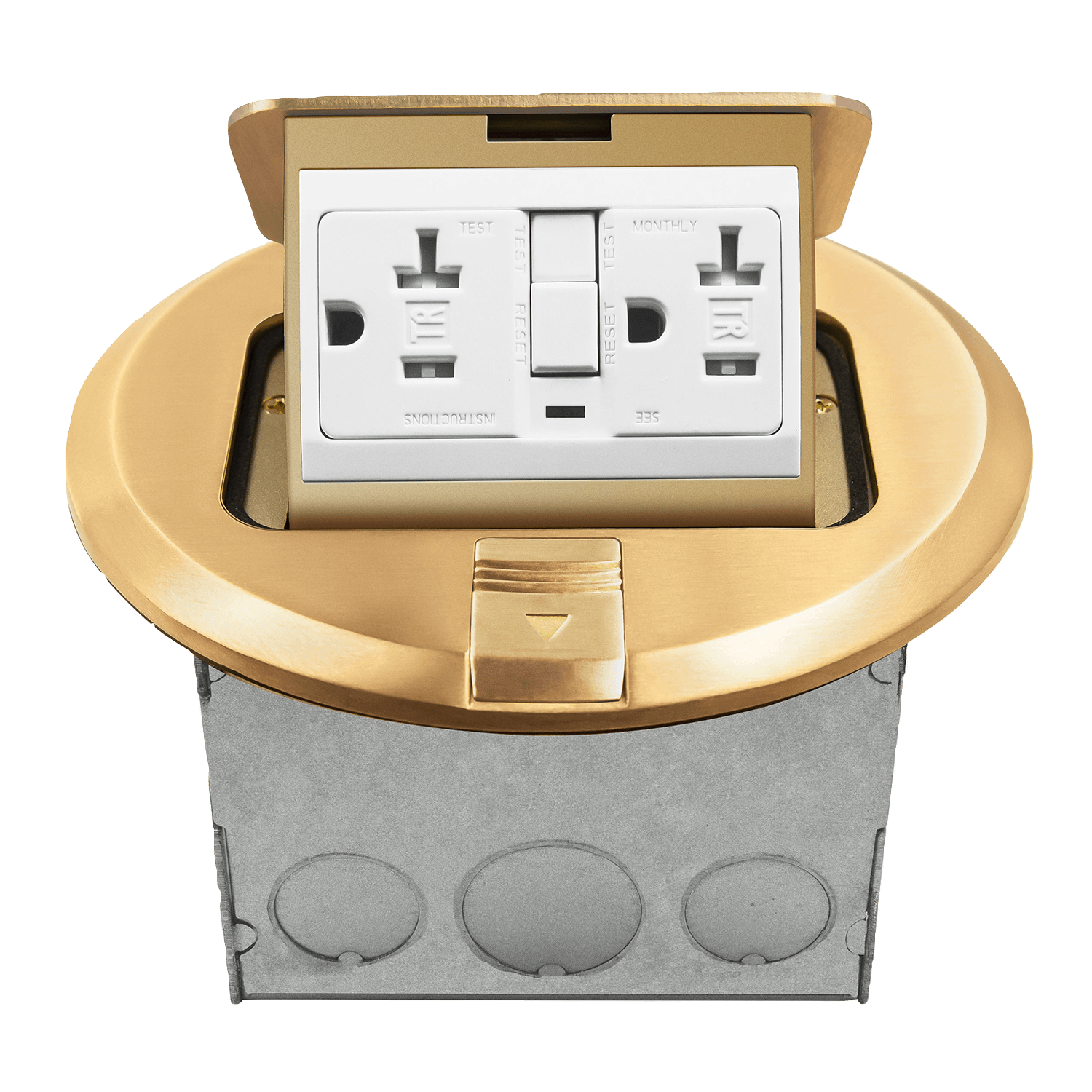 Round Pop-Up Floor Box Kit with 20A GFCI Receptacle - Brass