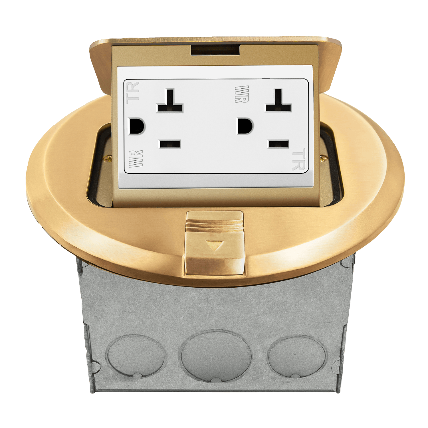 Round Pop-Up Floor Box Kit with 20A Decorator Duplex Tamper & Weather Resistant Receptacle - Brass