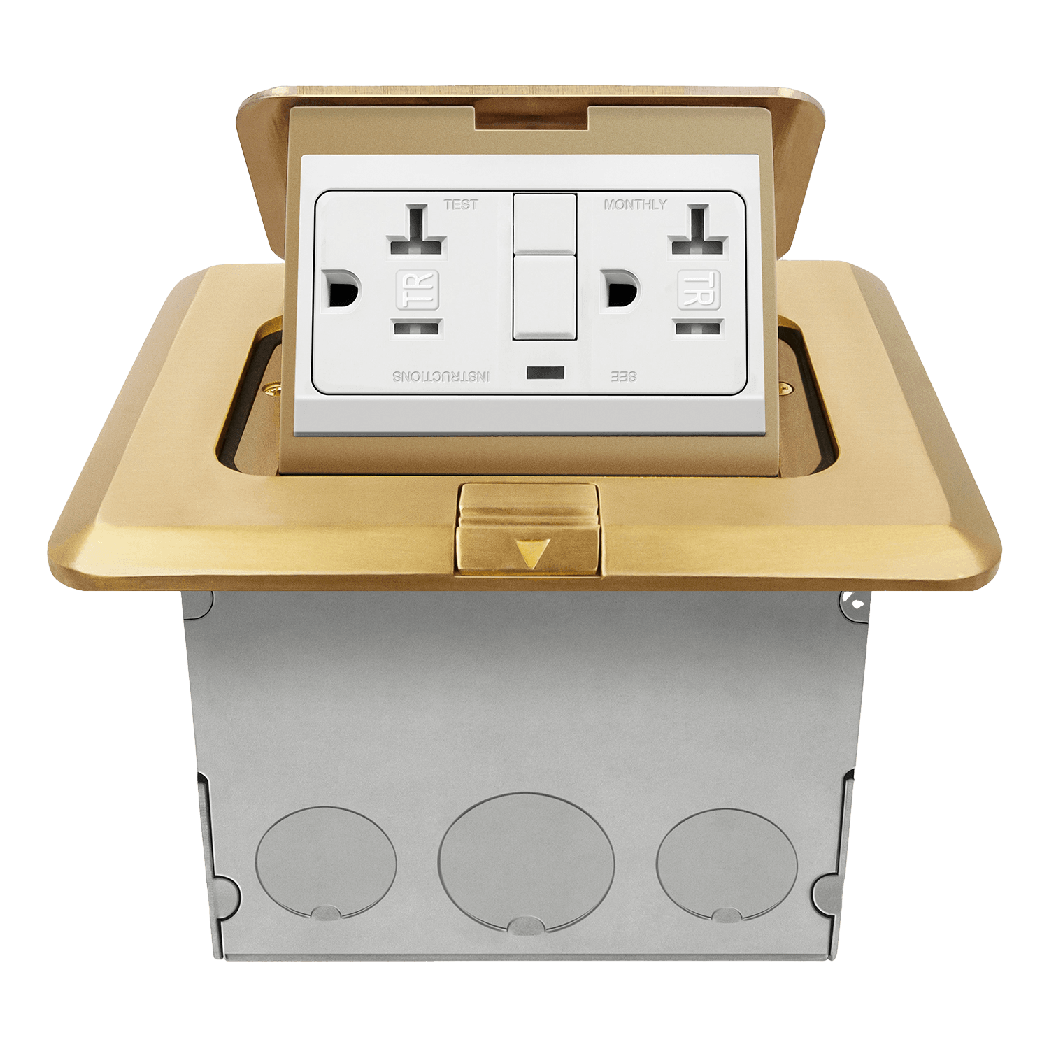 Square Pop-Up Floor Box Kit with 20A GFCI Receptacle - Brass