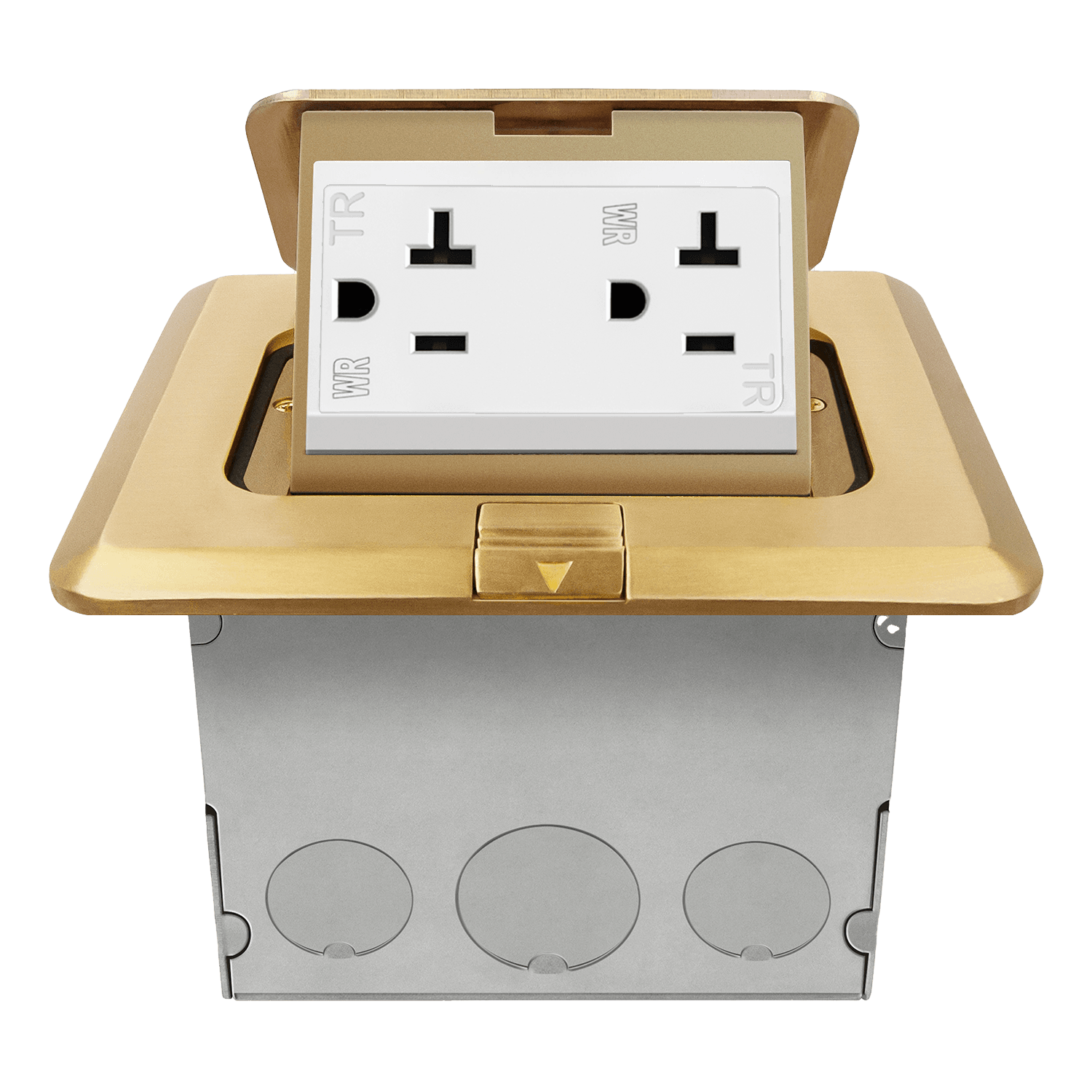 Square Pop-Up Floor Box Kit with 20A Decorator Duplex Tamper & Weather Resistant Receptacle - Brass