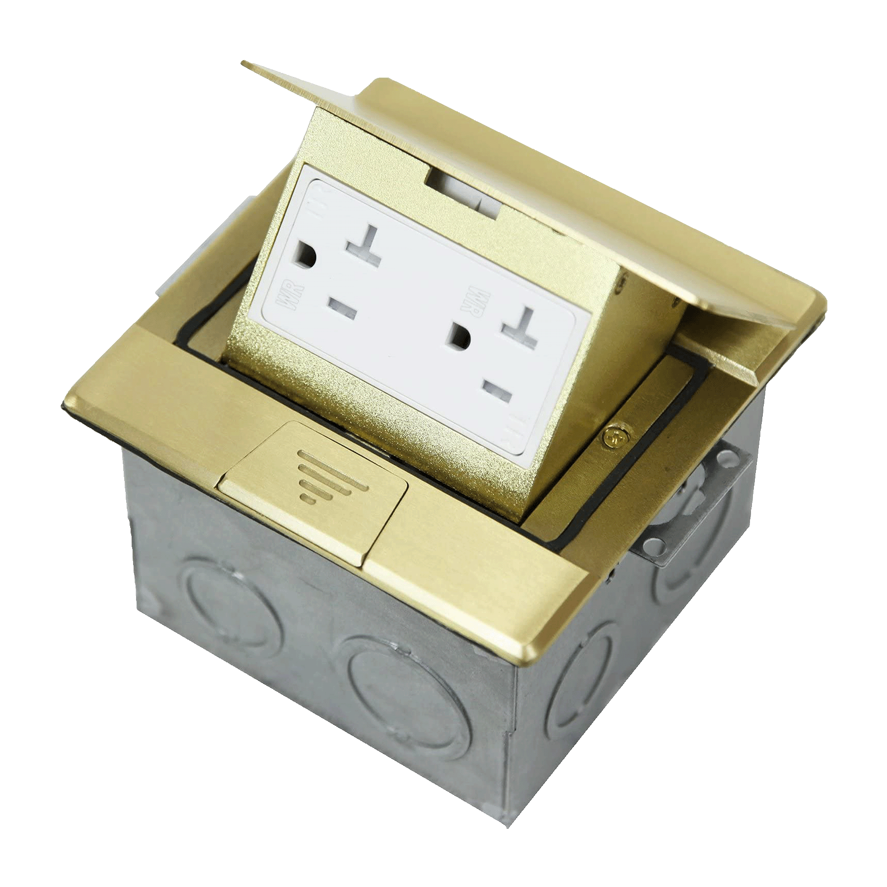 Square Pop-Up Floor Box Kit with 20A Decorator Duplex Tamper & Weather Resistant Receptacle - Brass
