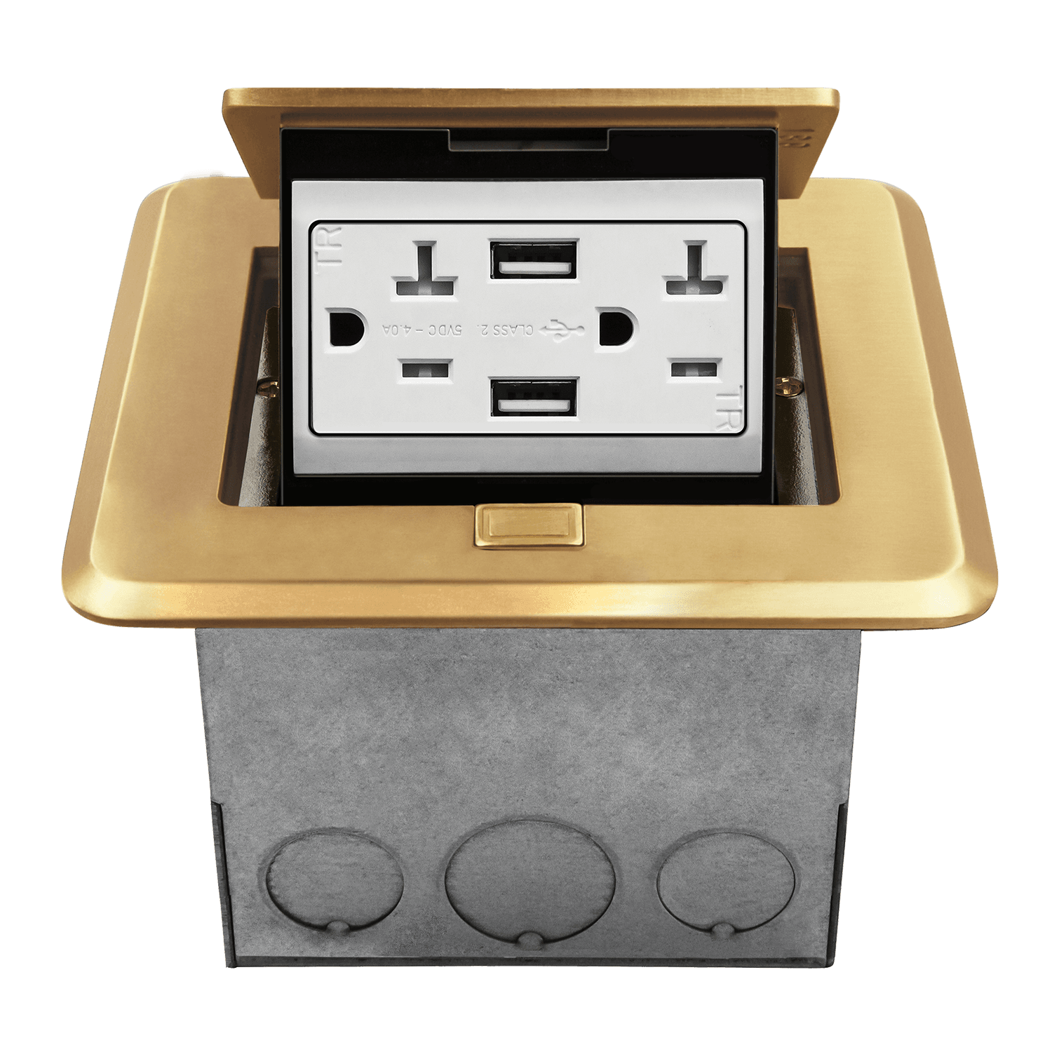 Square Soft Pop-Up Floor Box Kit with 4.0A USB Charger Receptacle - Brass