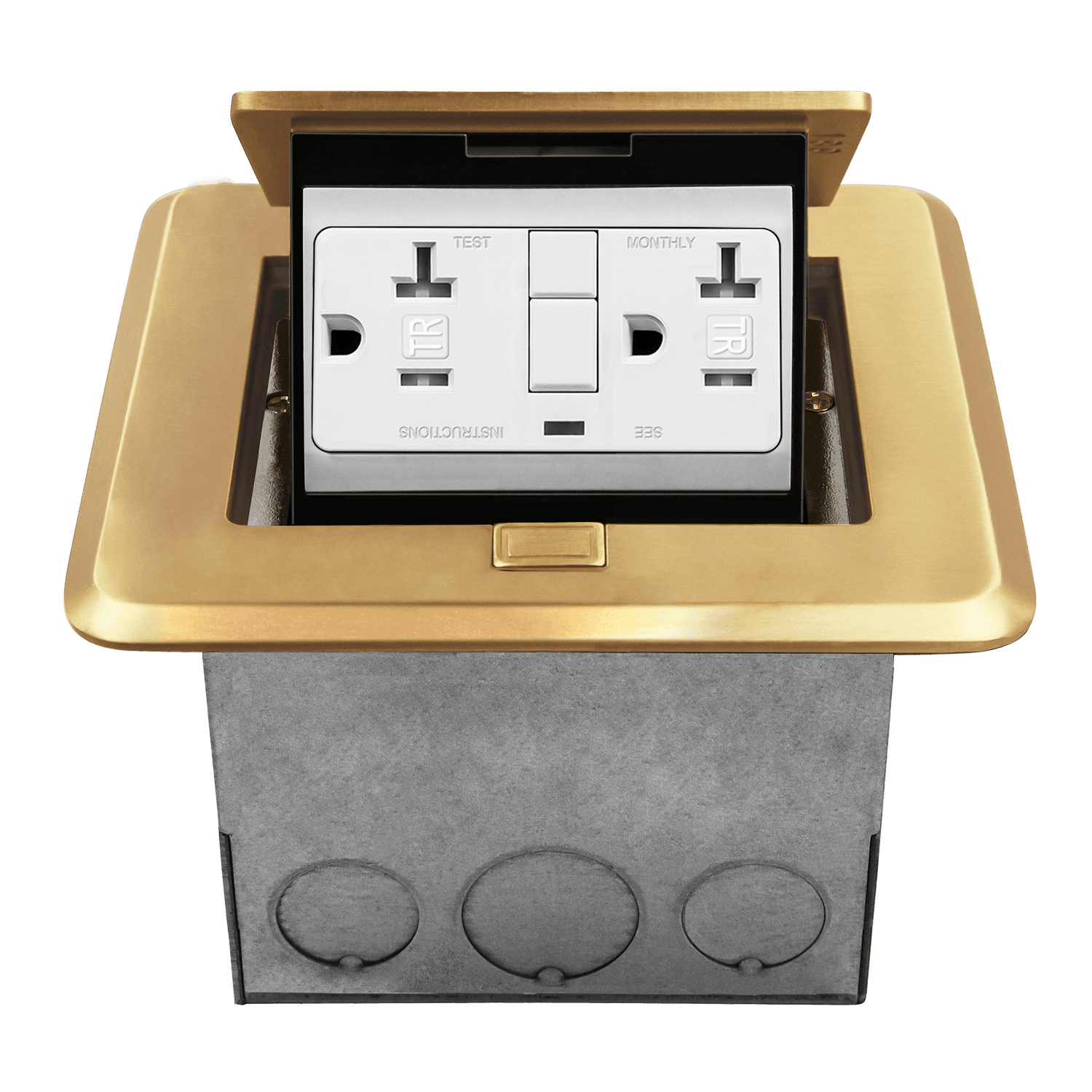 Square Soft Pop-Up Floor Box Kit with 20A GFCI Receptacle - Brass