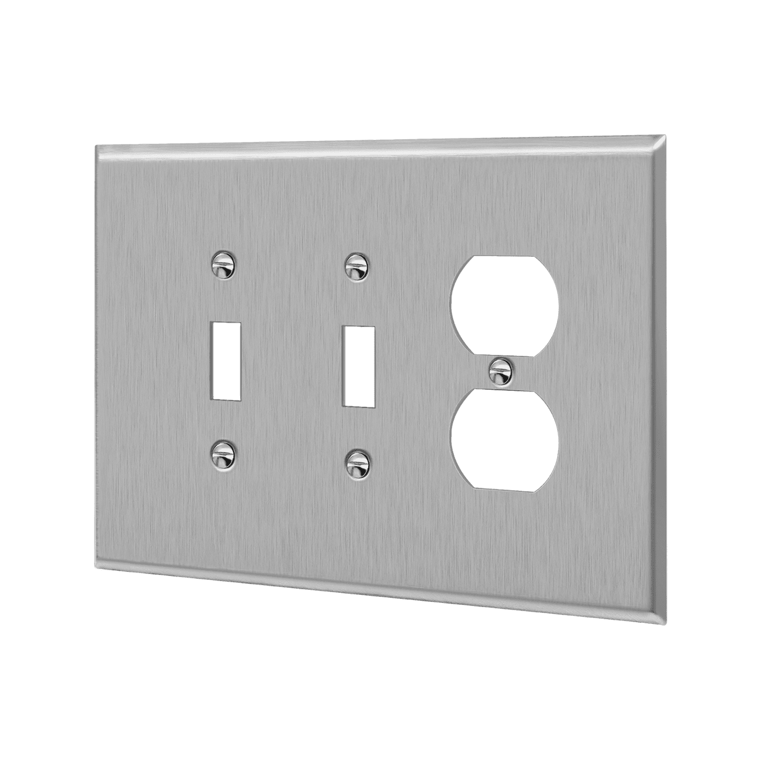 Combination Two Toggles and Duplex Receptacle Three-Gang Metal Wall Plate, Oversize - Silver view 2