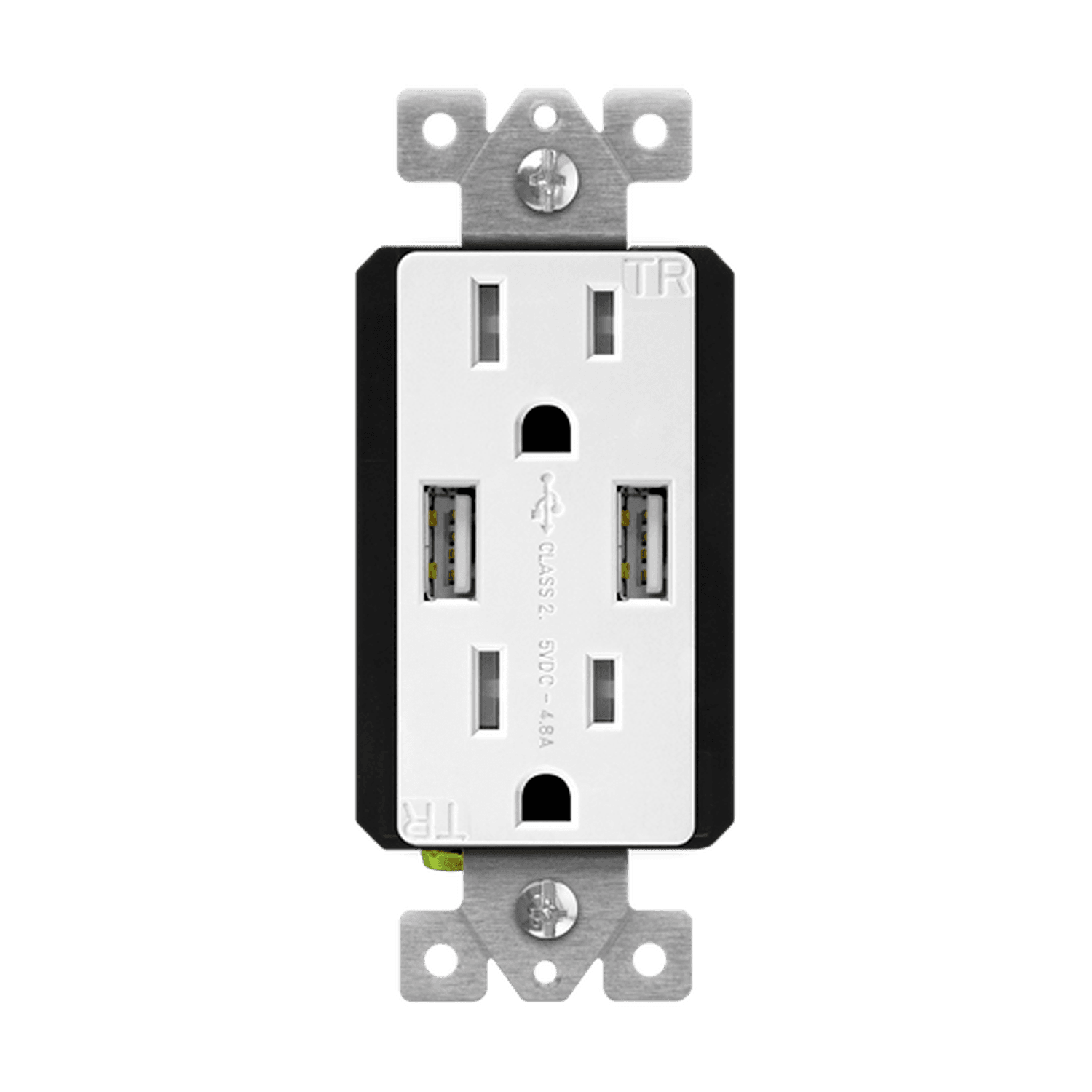Dual Type-A USB Charger with 15A Duplex Tamper-Resistant Receptacles and Interchangeable Face Covers - White