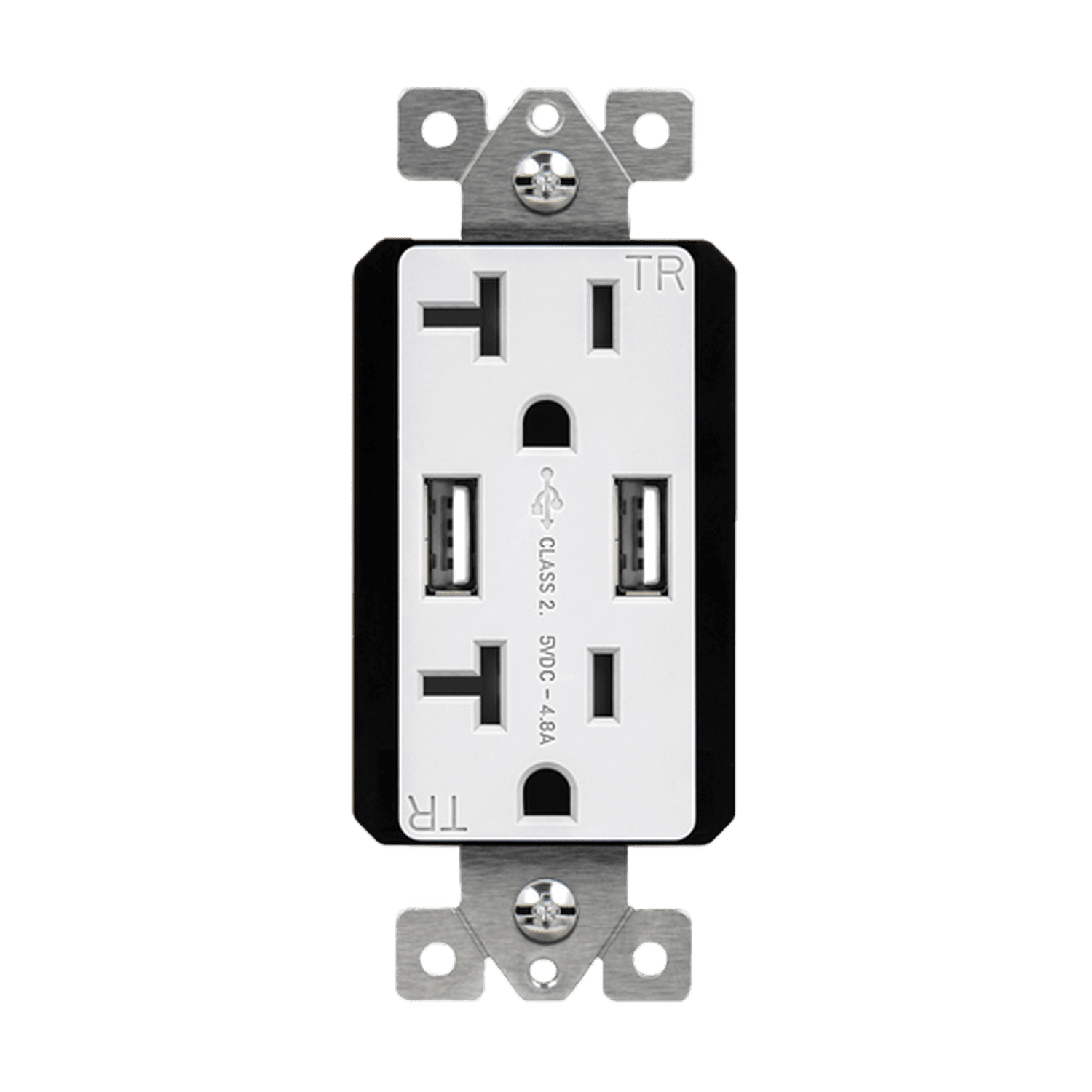 Dual Type-A USB Charger with 20A Duplex Tamper-Resistant Receptacles and Interchangeable Face Covers - White
