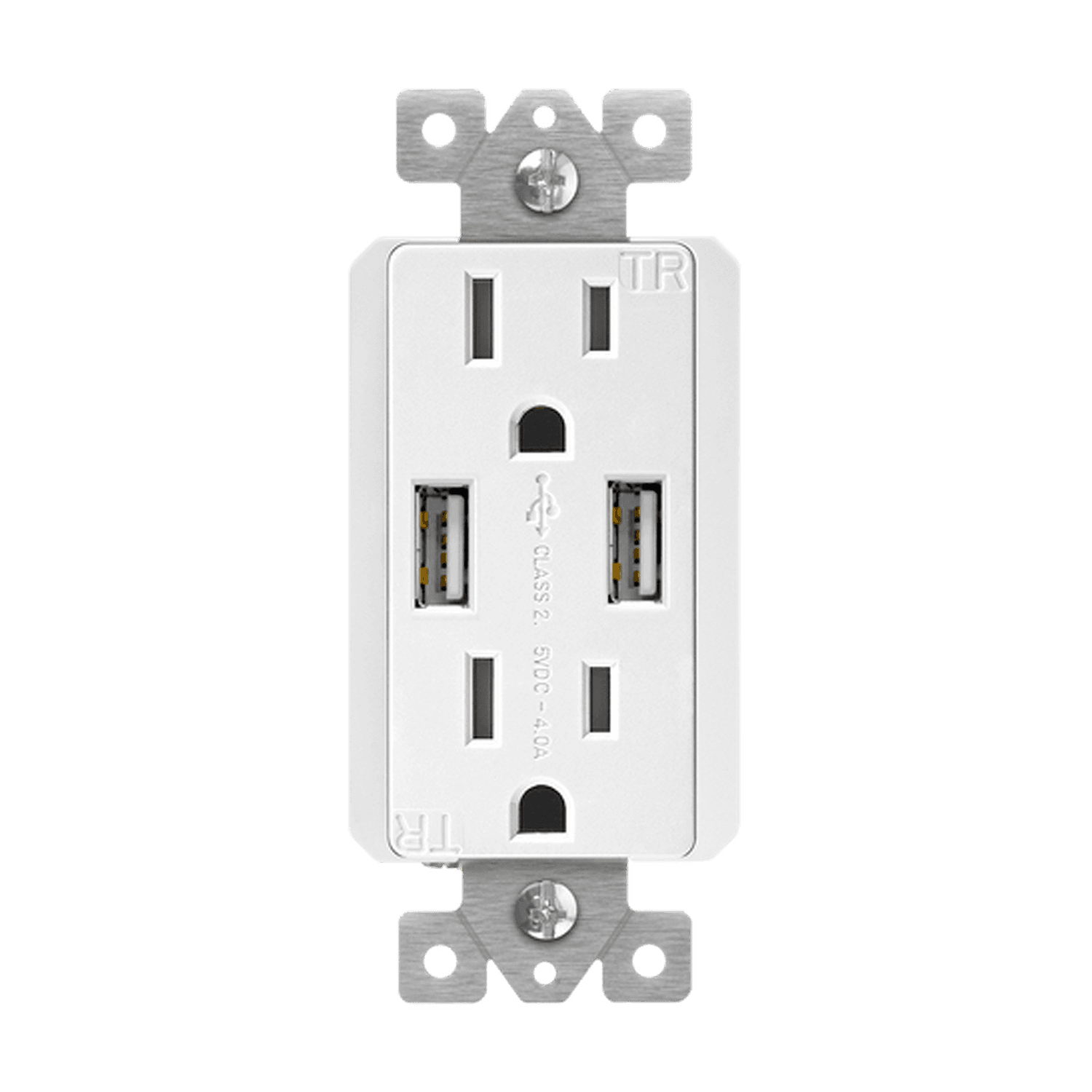 Dual Type-A USB Charger with 15A Duplex Tamper-Resistant Receptacles - White