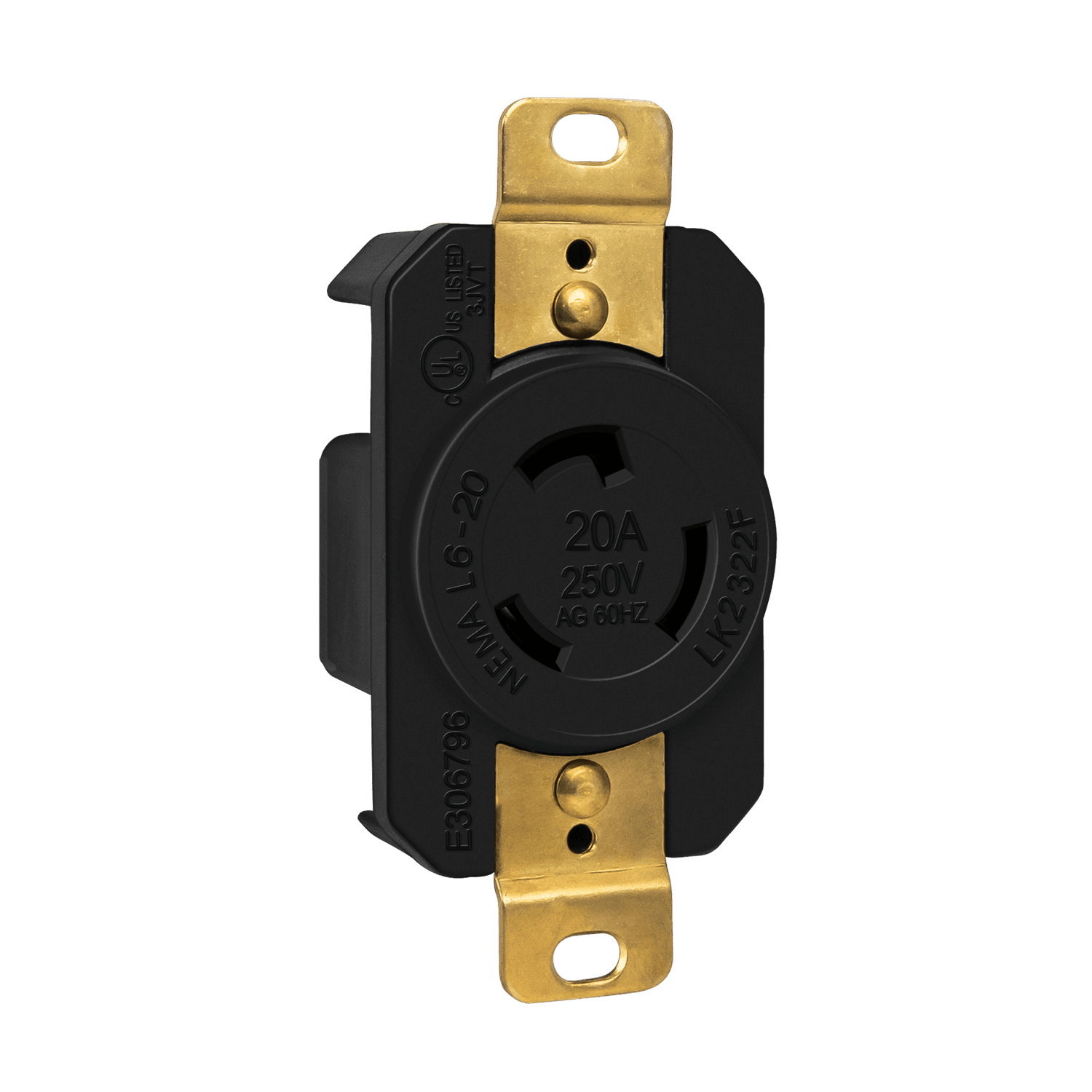 Industrial Grade Locking Receptacle, 20A, L6-20R - Black view 2