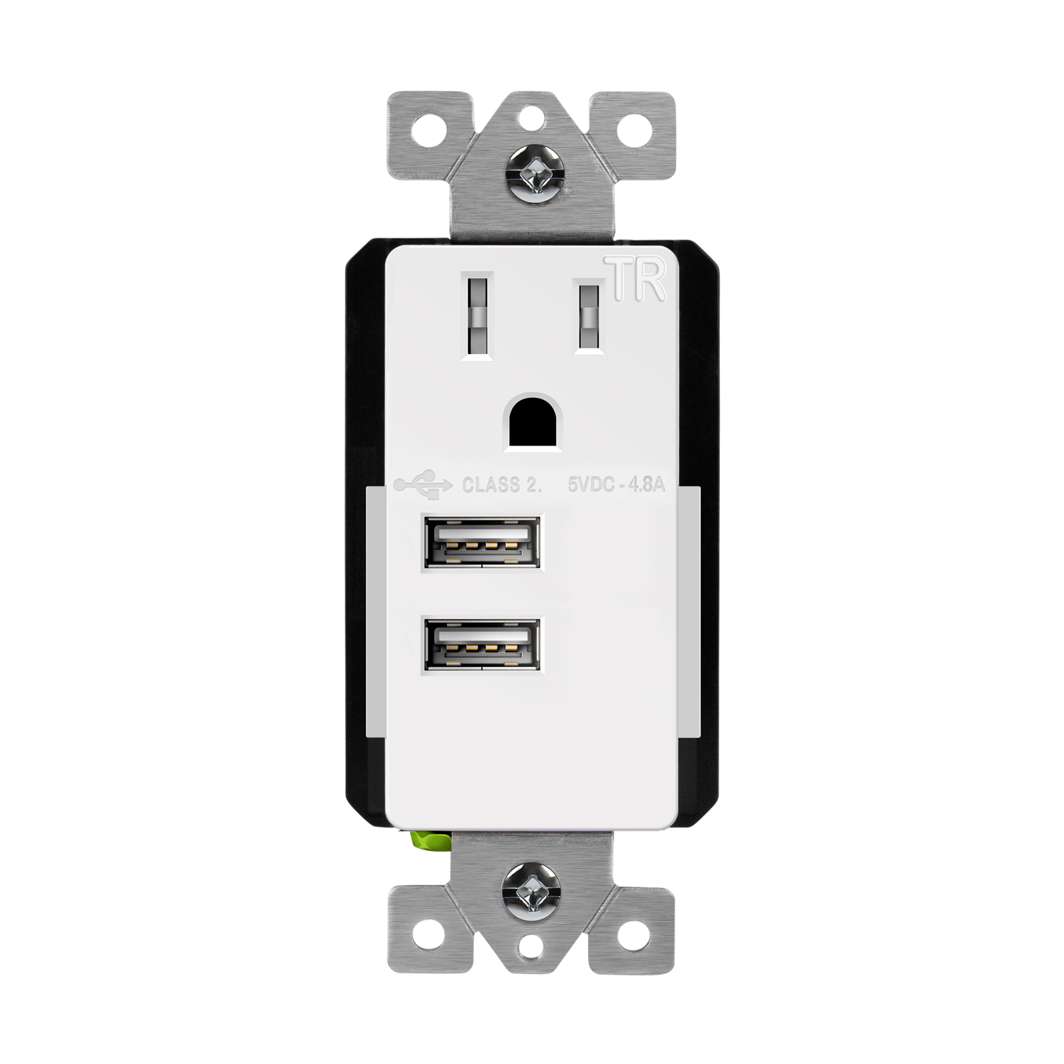 Interchangeable Dual Type-A USB Charger with 15A Tamper-Resistant Receptacle - White