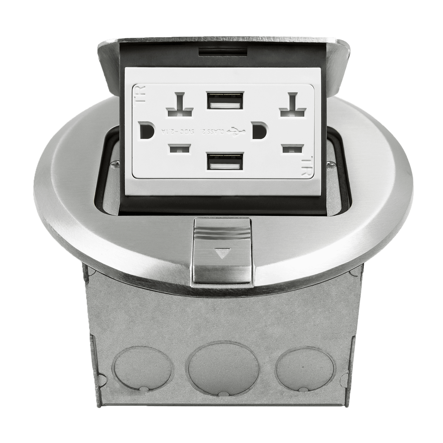 Round Pop-Up Floor Box Kit with 2.1A USB Charger - Nickel-Plated-Brass