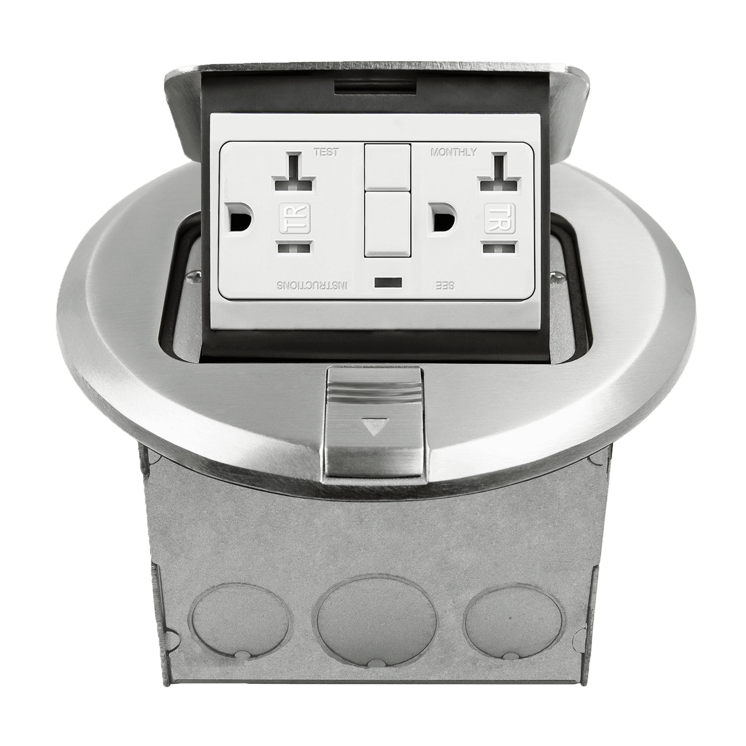 Round Pop-Up Floor Box Kit with 20A GFCI Receptacle - Nickel-Plated-Brass