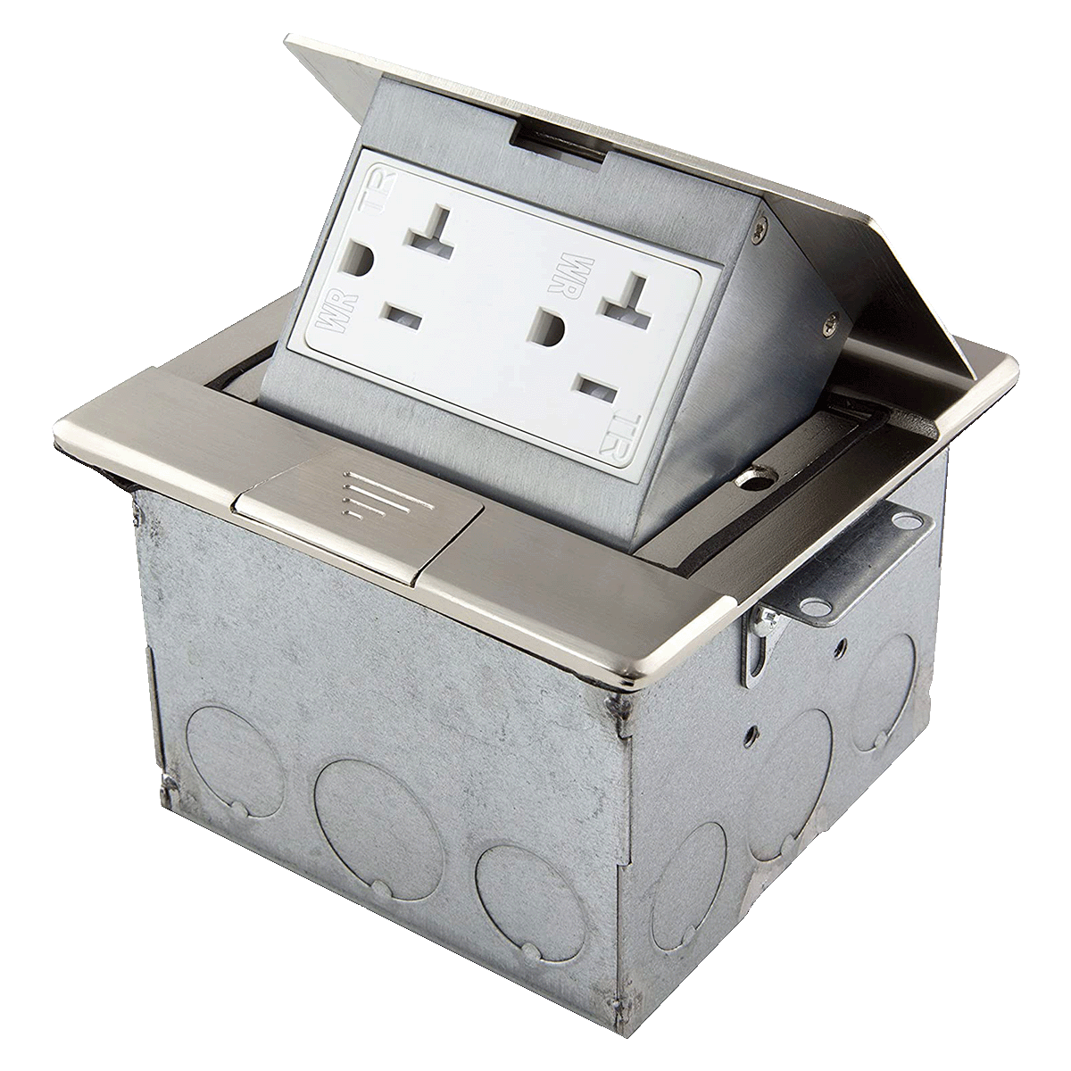 Square Pop-Up Floor Box Kit with 20A Decorator Duplex Tamper & Weather Resistant Receptacle - Nickel-Plated-Brass