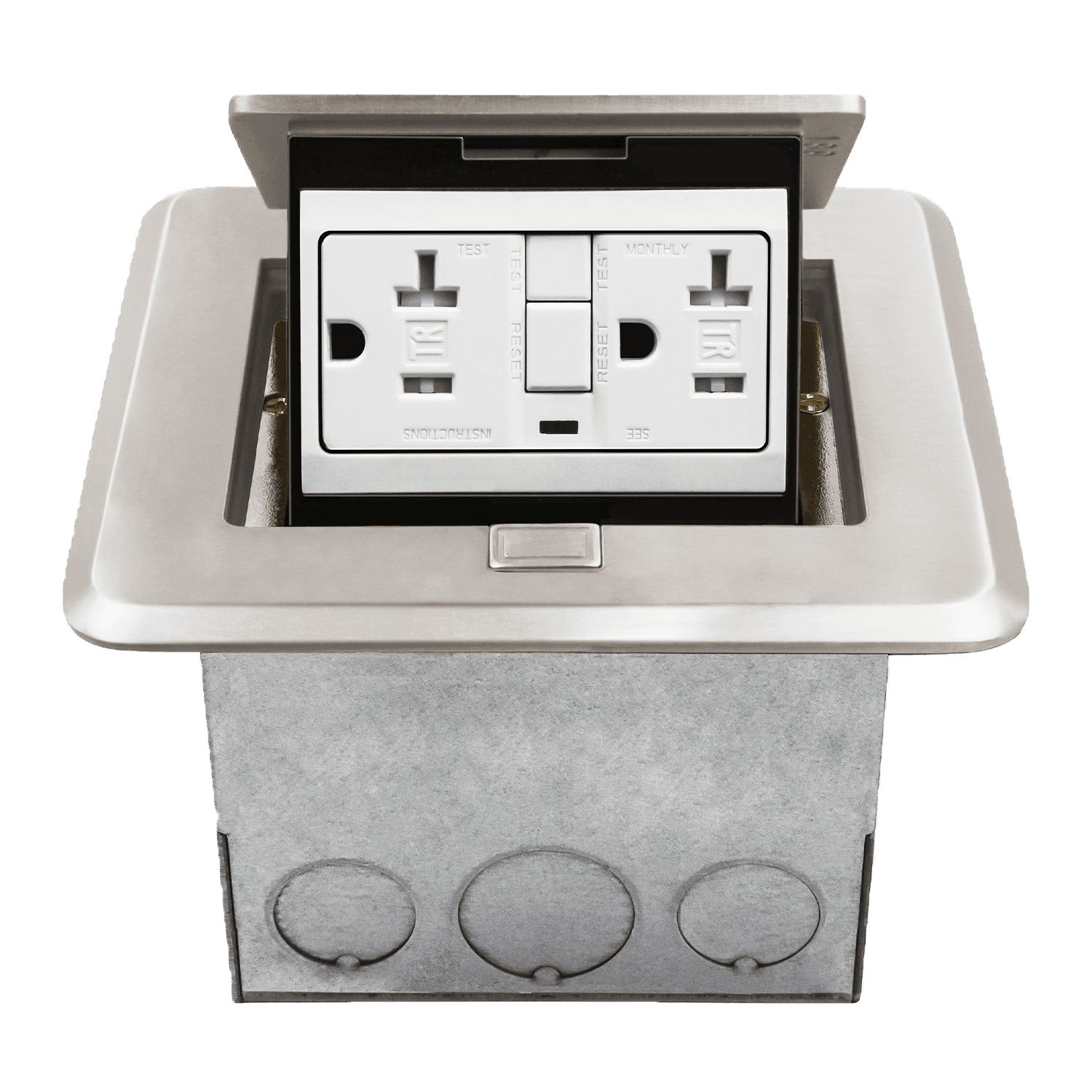 Square Soft Pop-Up Floor Box Kit with 20A GFCI Receptacle - Nickel-Plated-Brass
