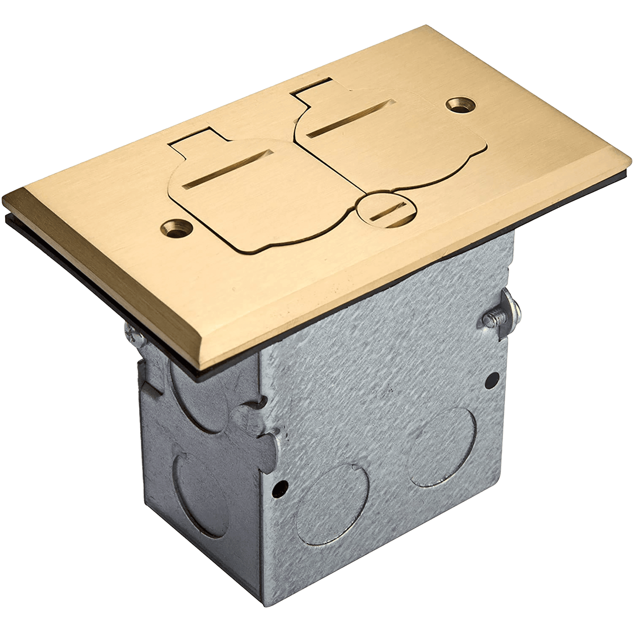 One-Gang Floor Box Kit with Flip Lid Cover, 20A Duplex Tamper & Weather Resistant Receptacle - Brass