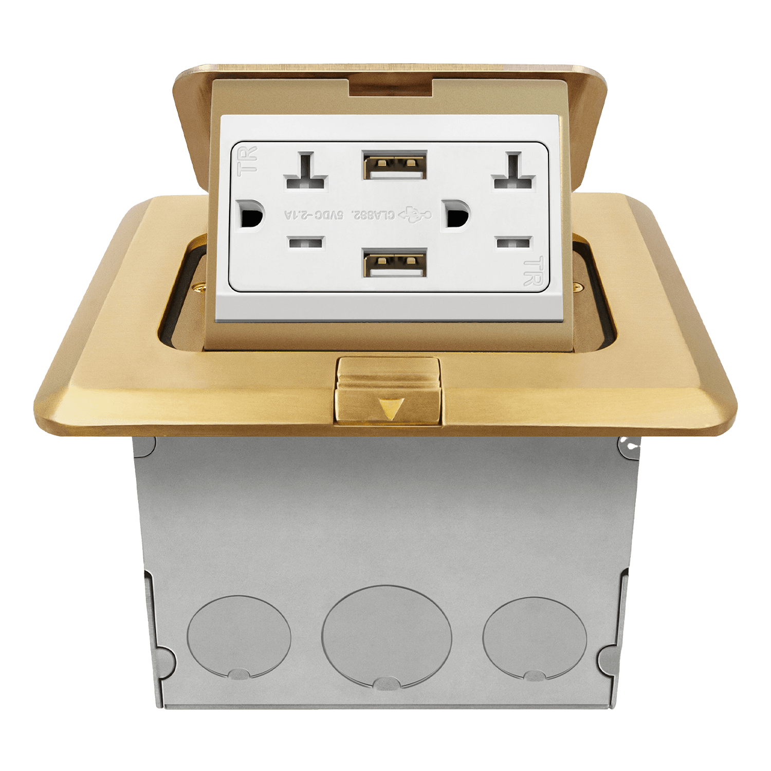 Square Pop-Up Floor Box Kit with 2.1A USB Charger - Brass