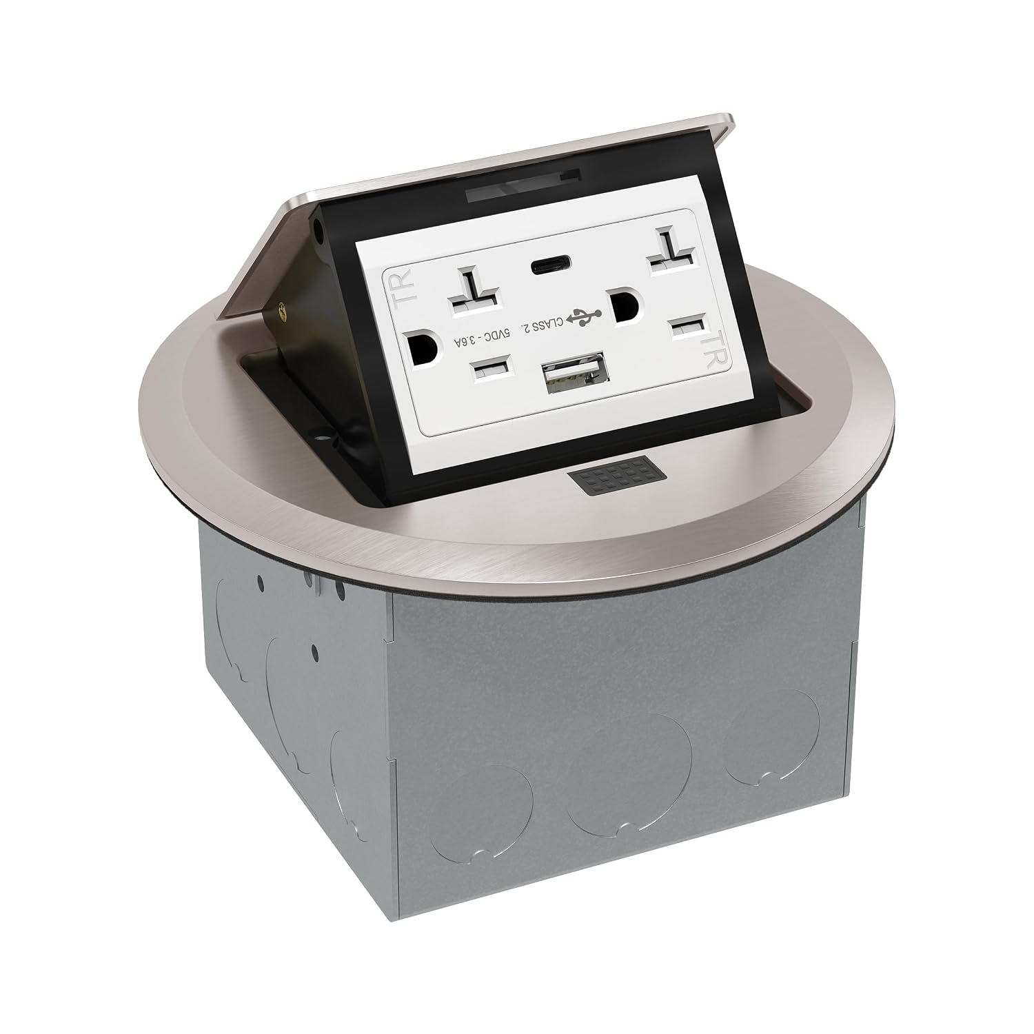 Round Pop-Up Floor Box Kit with 3.6A USB Charger - nickel plated brass view 2