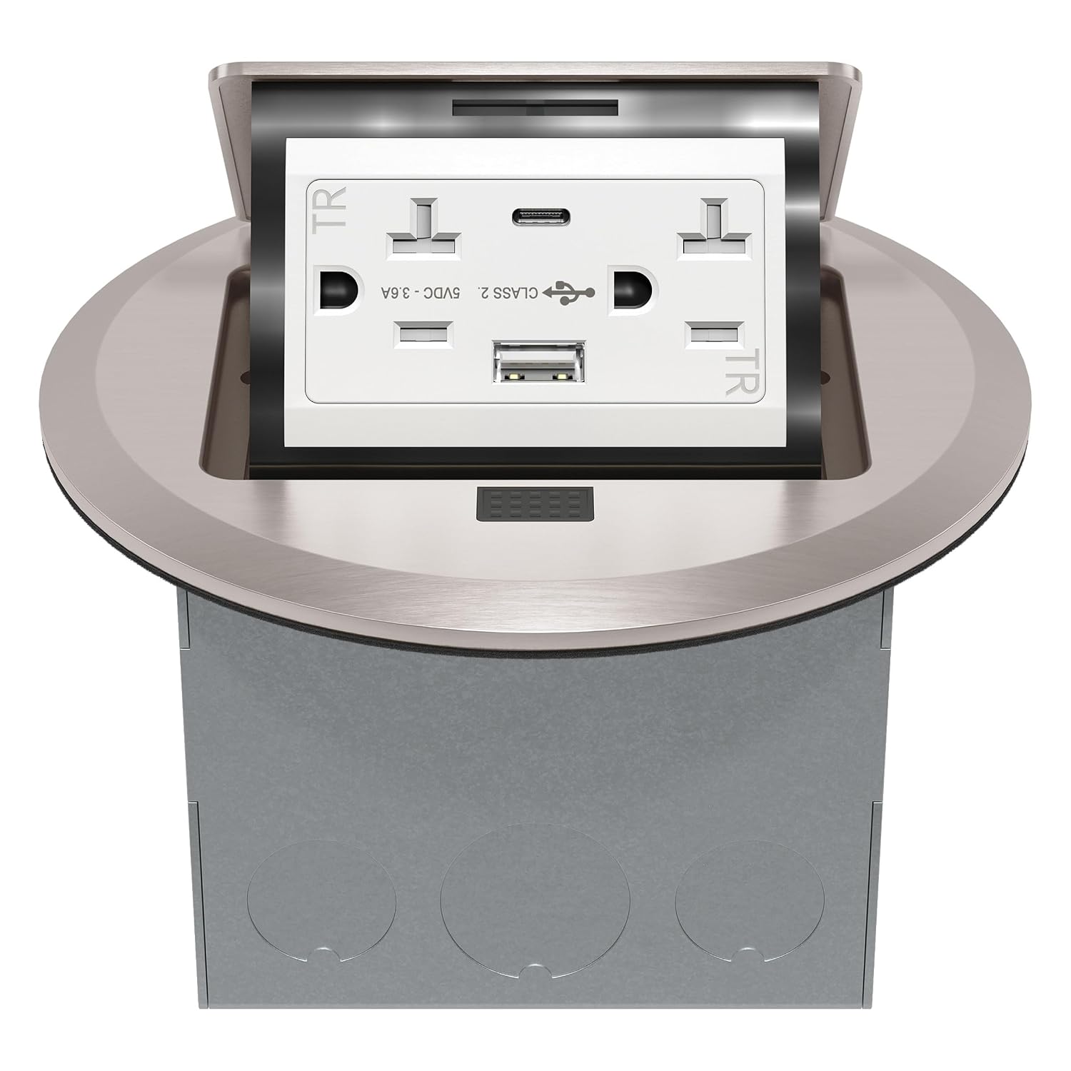 Round Pop-Up Floor Box Kit with 3.6A USB Charger - nickel plated brass