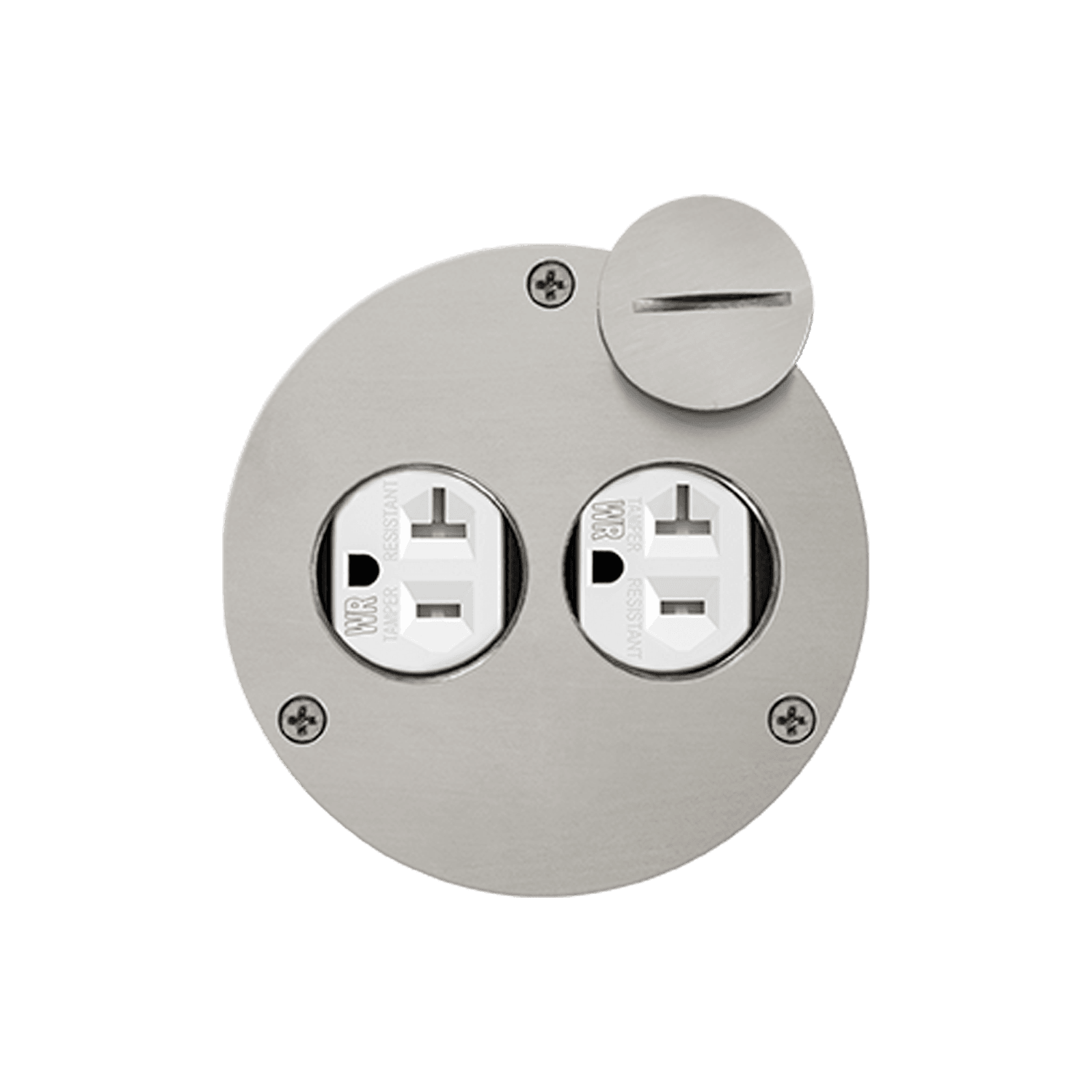 4” Dia. Flush Round Cover Plate with 20A Duplex Tamper & Weather Resistant Receptacle - Silver view 2