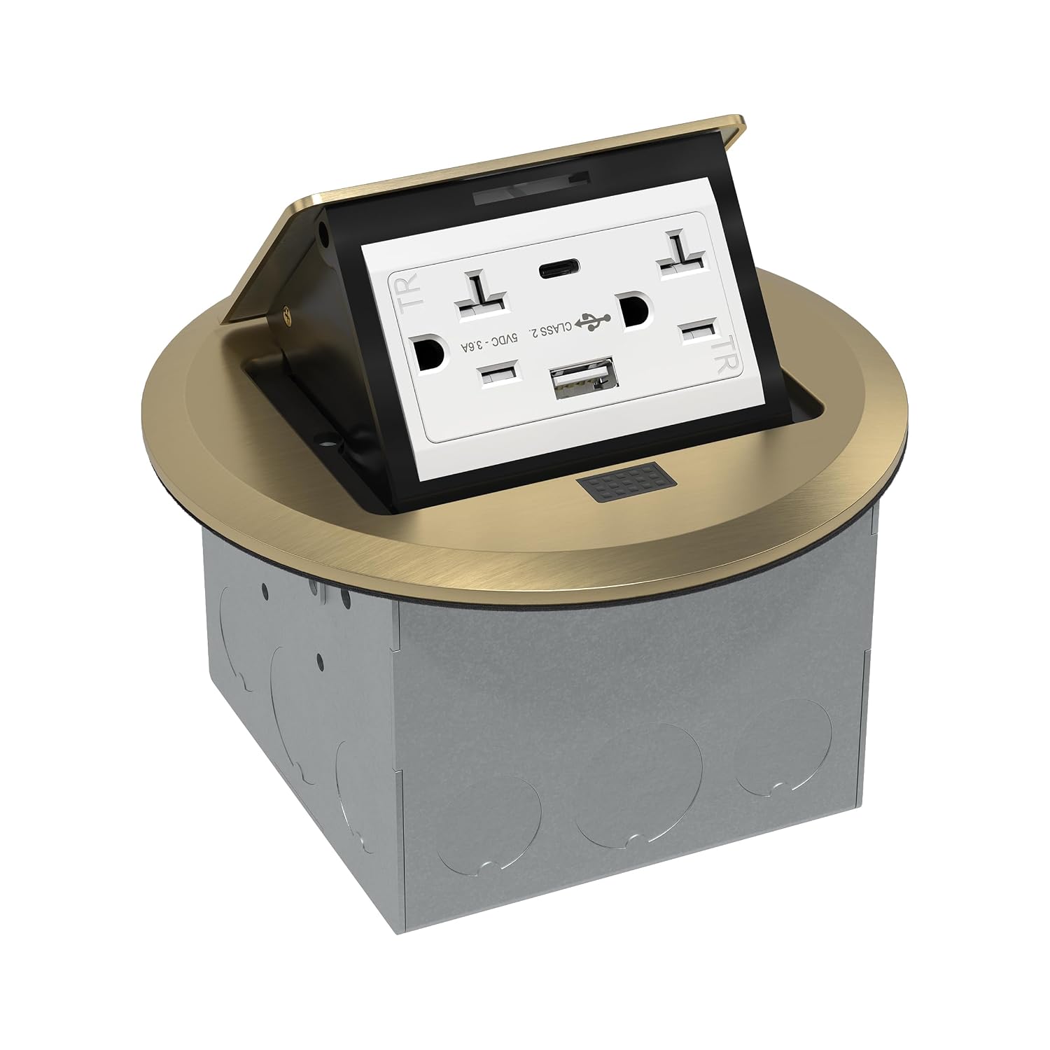 Round Pop-Up Floor Box Kit with 3.6A USB Charger - Brass view 2