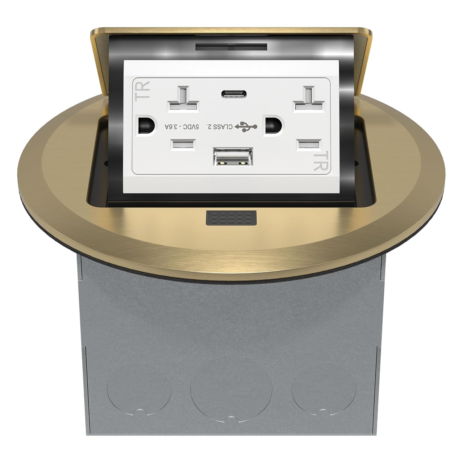 Round Pop-Up Floor Box Kit with 3.6A USB Charger - Brass