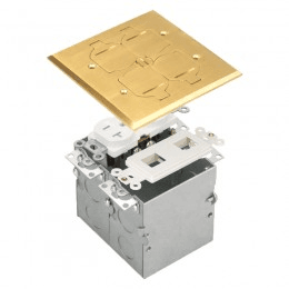 Two-Gang Floor Box Kit with Flip Lid Cover, 20A Duplex Tamper & Weather Resistant Receptacle and Datacom - Brass