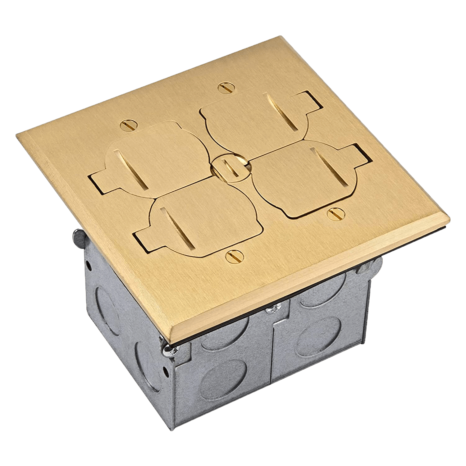 Two-Gang Floor Box Kit with Flip Lid Cover, 20A Duplex Tamper & Weather Resistant Receptacle - Brass