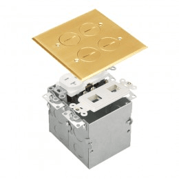 Two-Gang Floor Box Kit with 20A Duplex Tamper & Weather Resistant Receptacle and Datacom - Brass