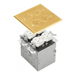 Two-Gang Floor Box Kit with 20A Duplex Tamper & Weather Resistant Receptacle - Brass