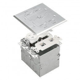 Two-Gang Floor Box Kit with Flip Lid Cover, 20A Duplex Tamper & Weather Resistant Receptacle and Datacom - Nickel-Plated-Brass