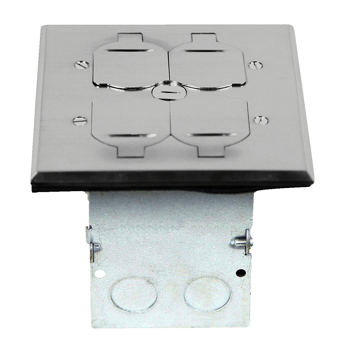 Two-Gang Floor Box Kit with Flip Lid Cover, 20A Duplex Tamper & Weather Resistant Receptacle - Nickel-Plated-Brass