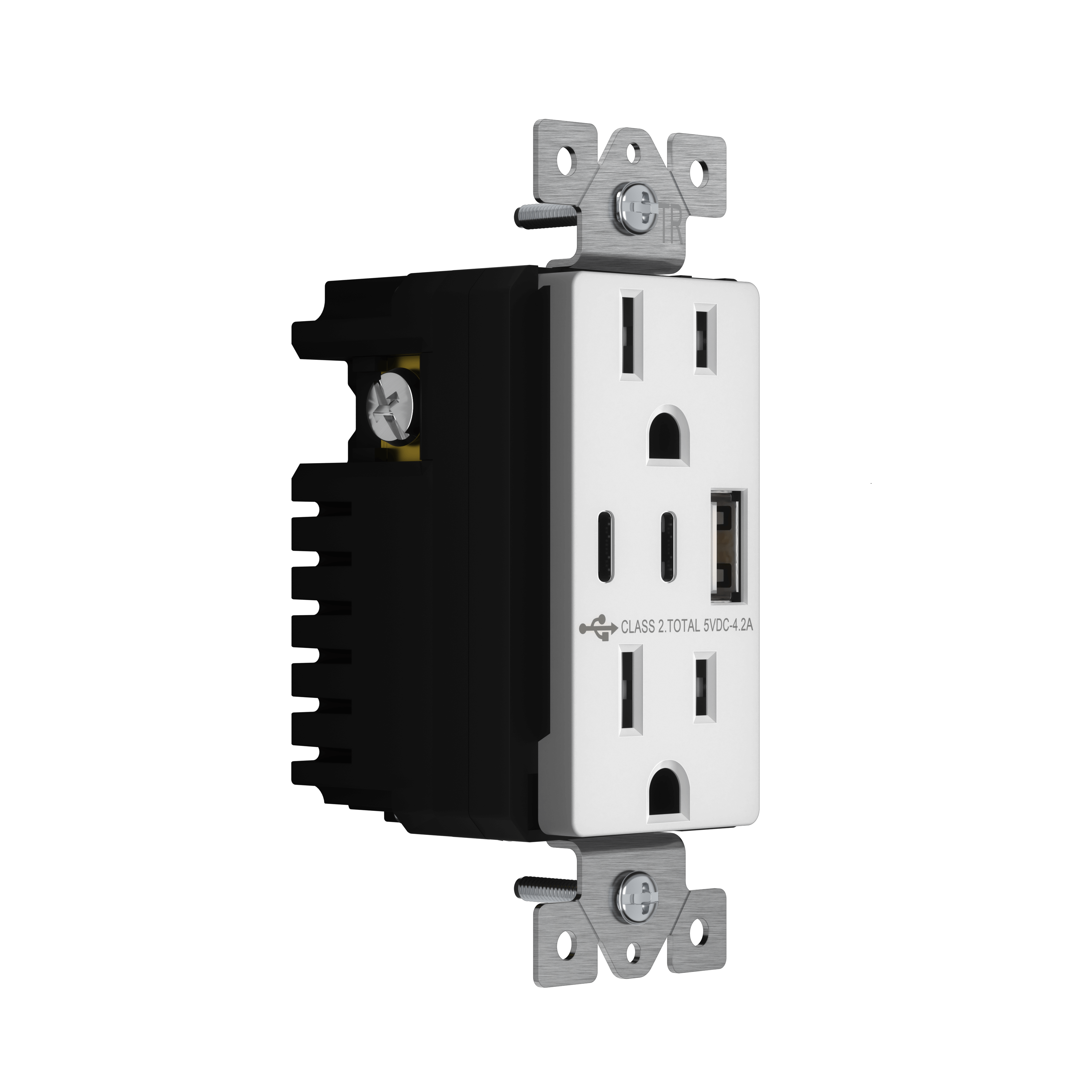 USB A and Dual USB-C Outlet, Tamper-Resistant 15A Duplex Receptacles - White view 2