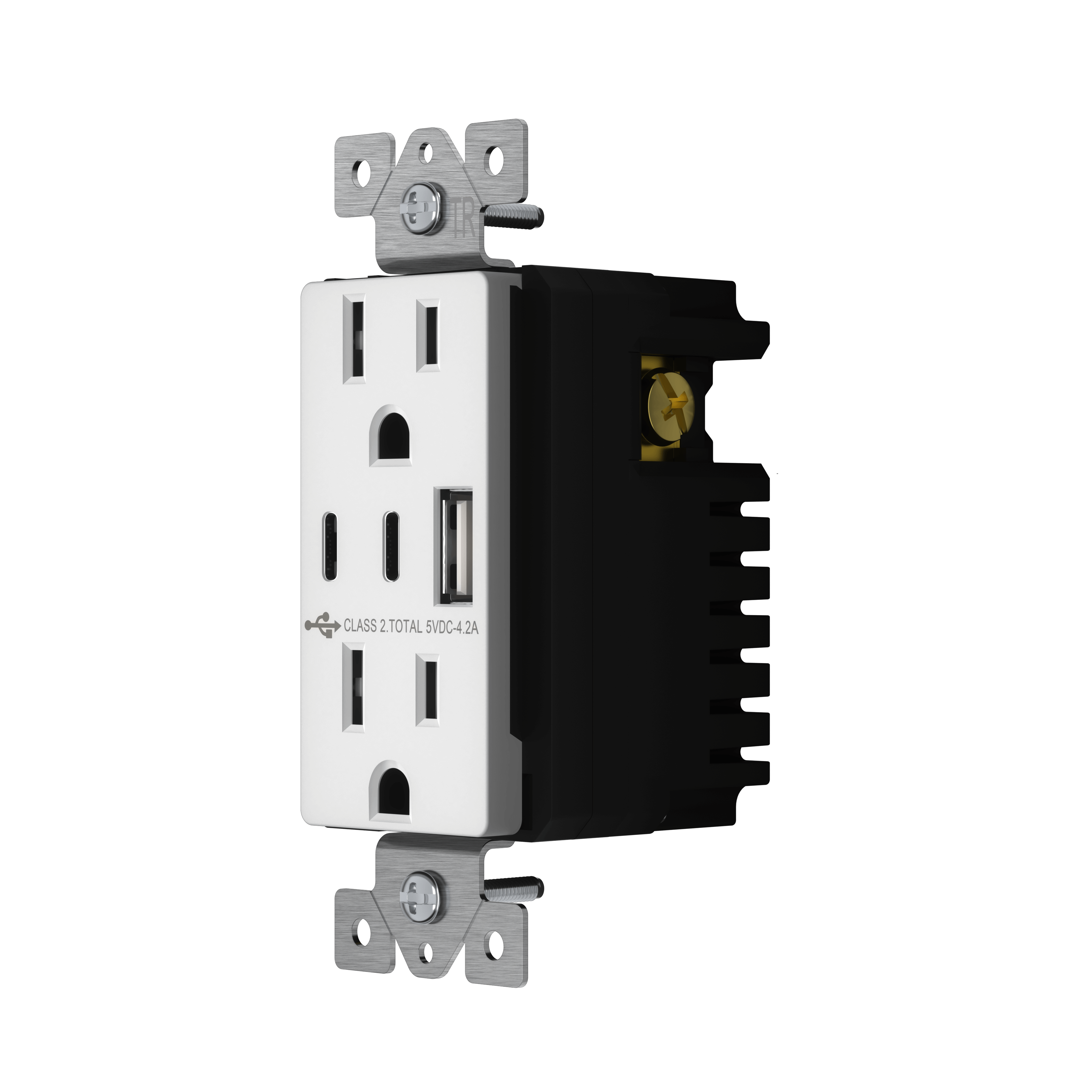 USB A and Dual USB-C Outlet, Tamper-Resistant 15A Duplex Receptacles - White view 3