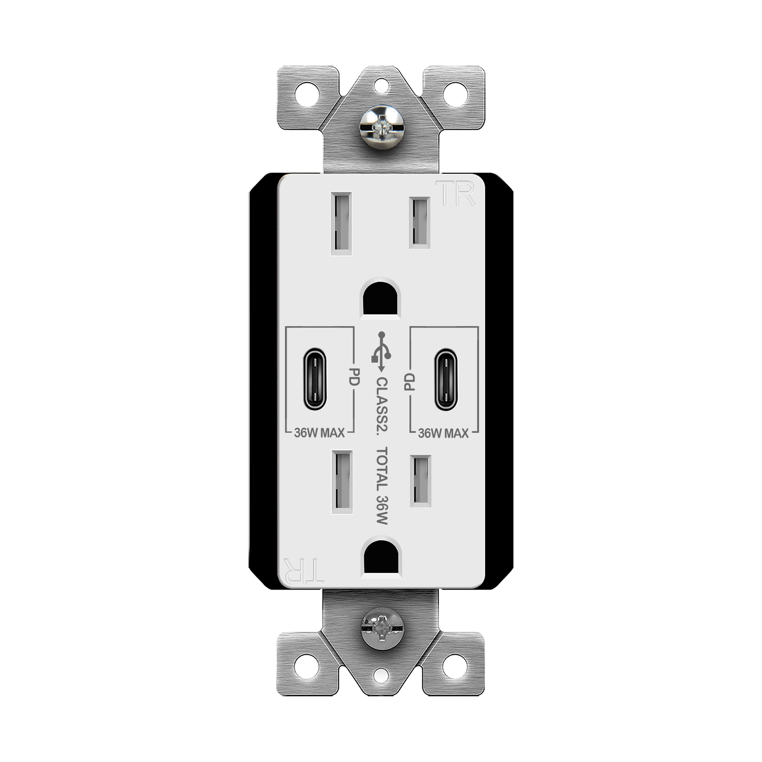 Dual USB-C Outlet, 36W Power Delivery, Tamper-Resistant 15A Duplex Receptacles - White