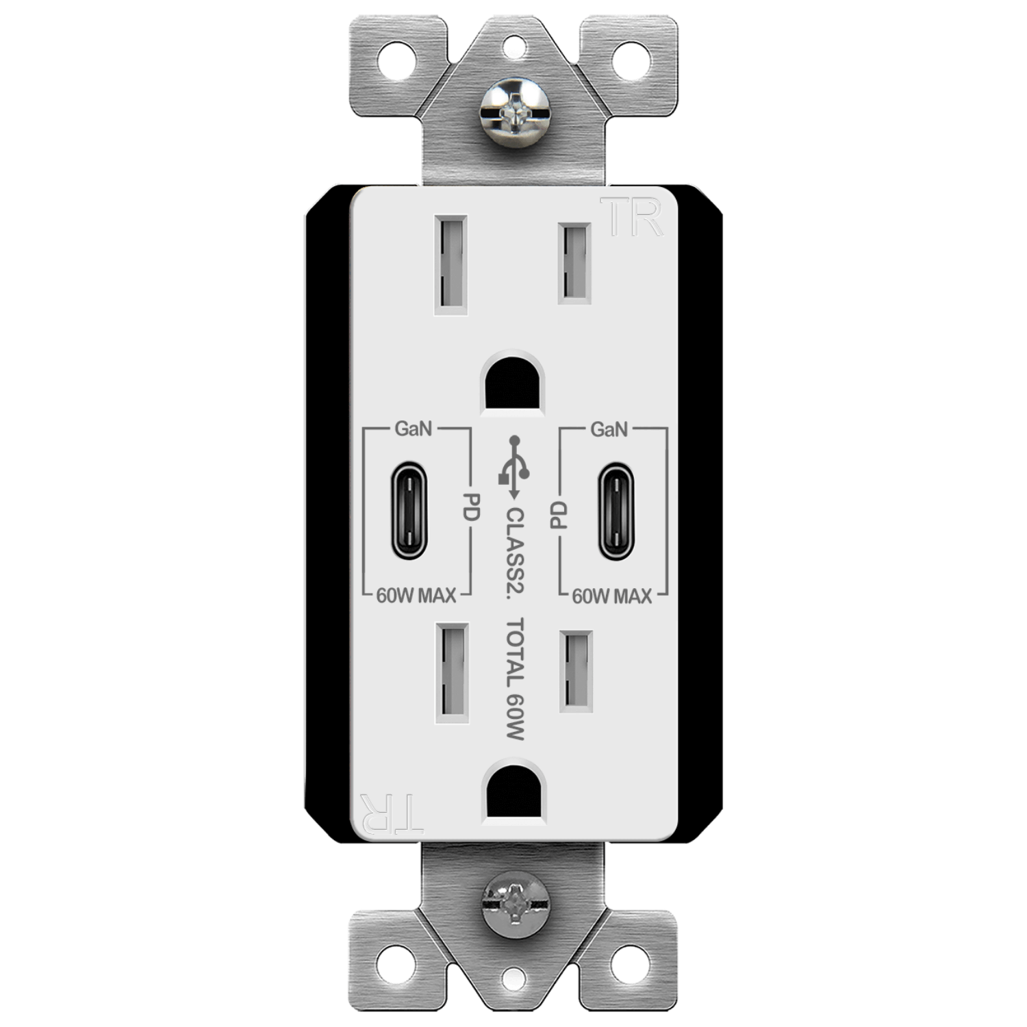 Dual USB-C Outlet, 60W Power Delivery, Tamper-Resistant 15A Duplex Receptacles - White